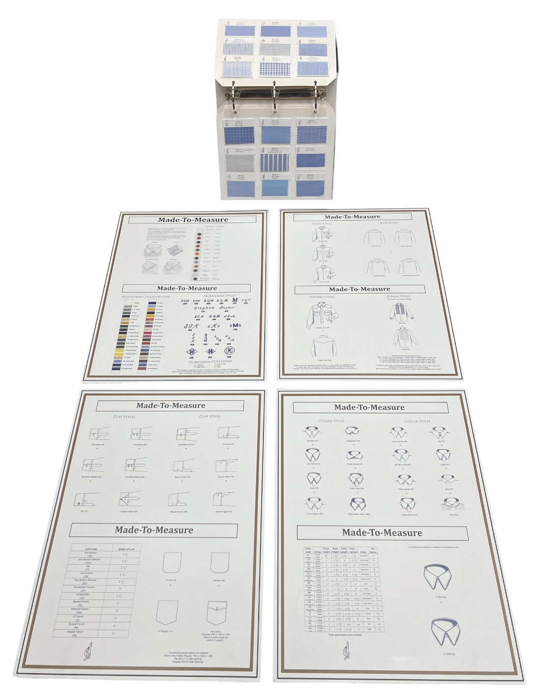 A made-to-measure shirt display featuring a fabric swatch box and four informational sheets on collar styles,