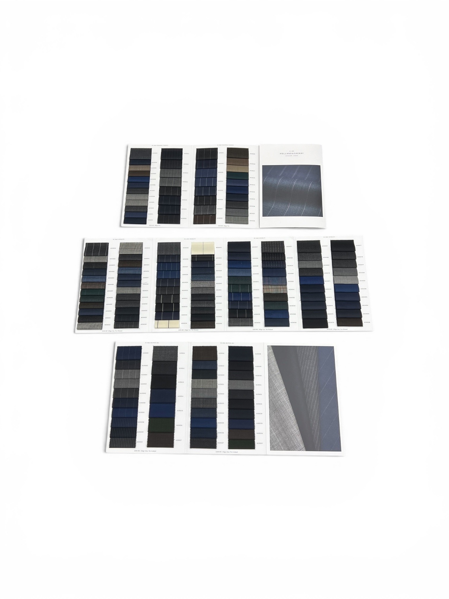 Fabric swatches arranged in rows showcase a variety of blues and grays,