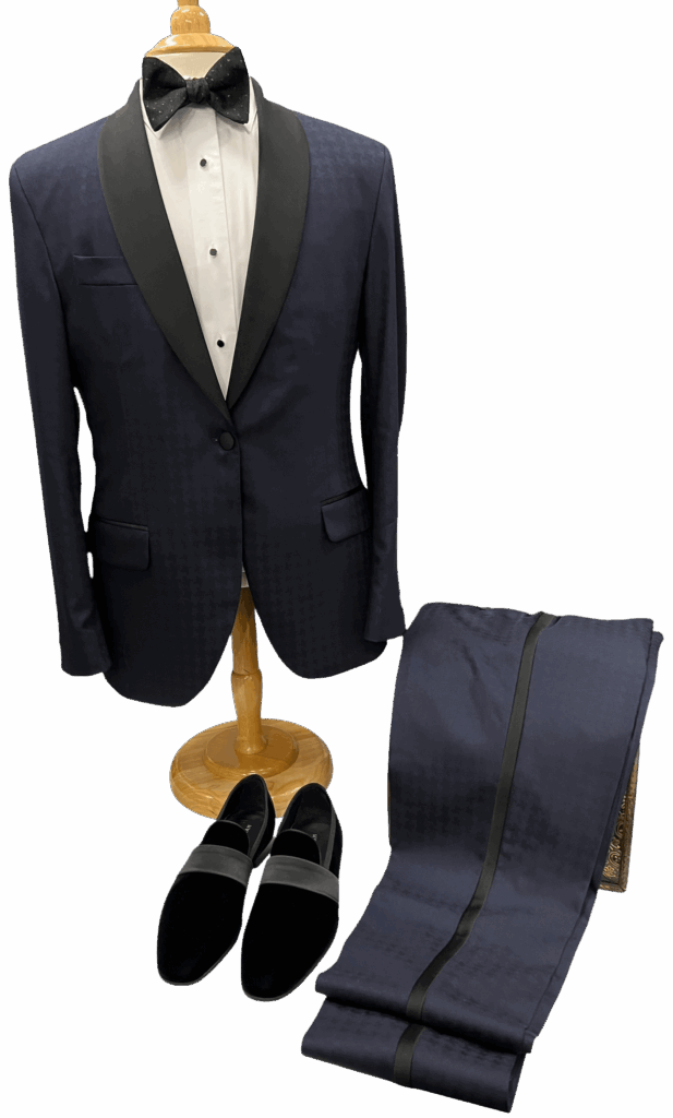 Tuxedo displayed on a mannequin, featuring a navy jacket, white shirt, black bow tie, trousers