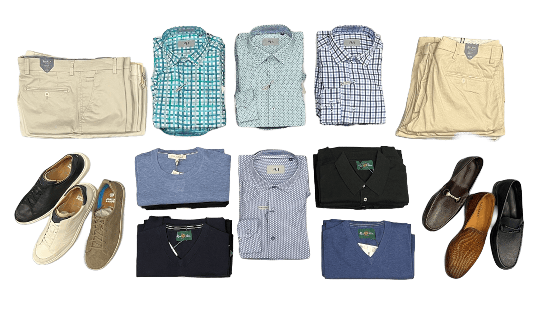 Variety of men's clothing displayed, including shirts,