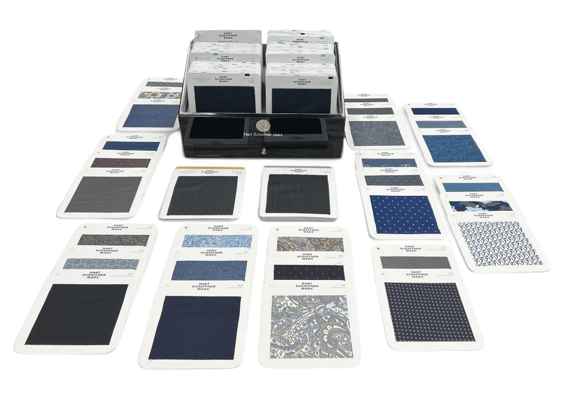 Fabric swatches in various shades of blue and patterns