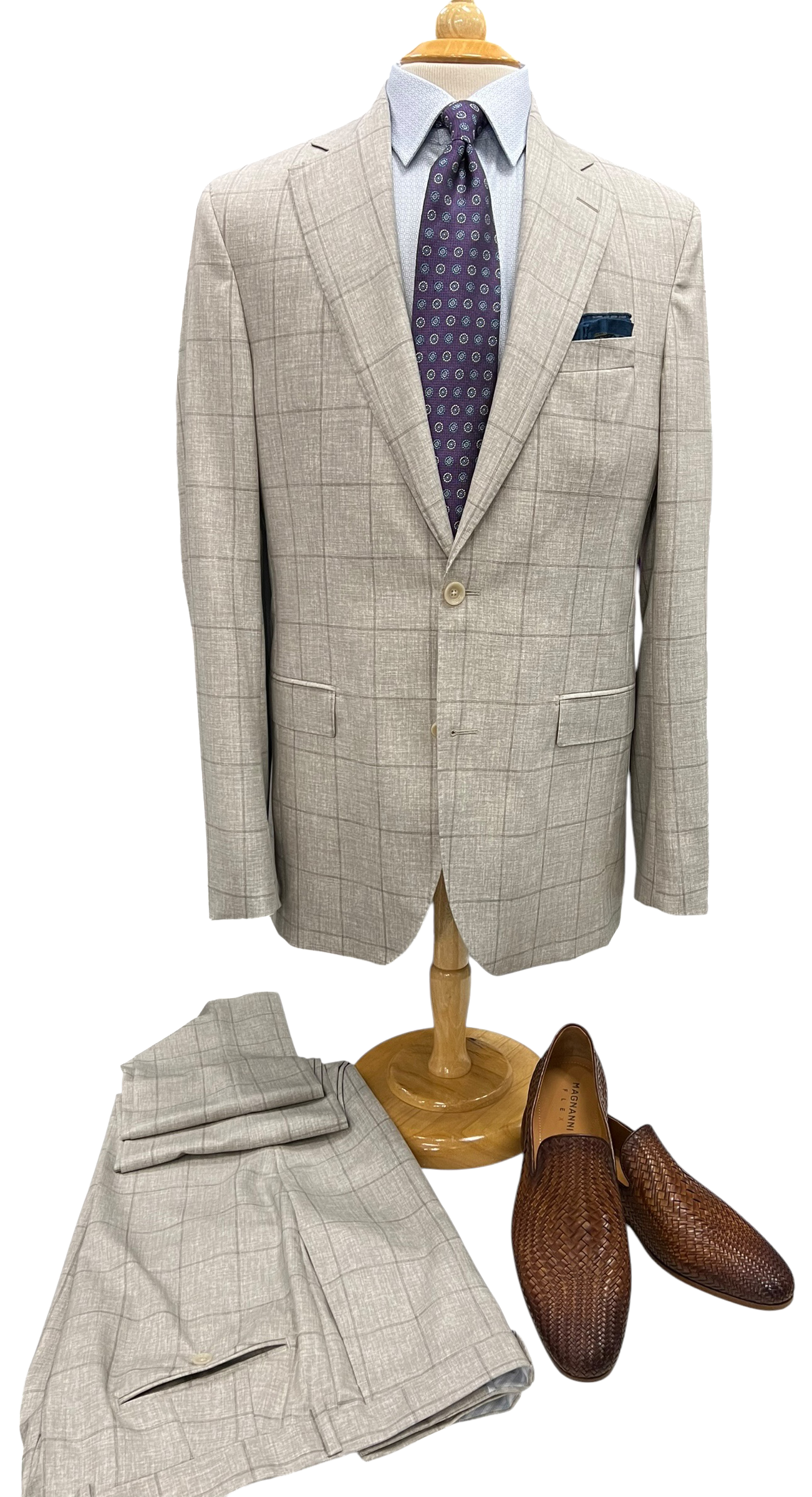 Light gray plaid suit with dress shirt and purple tie