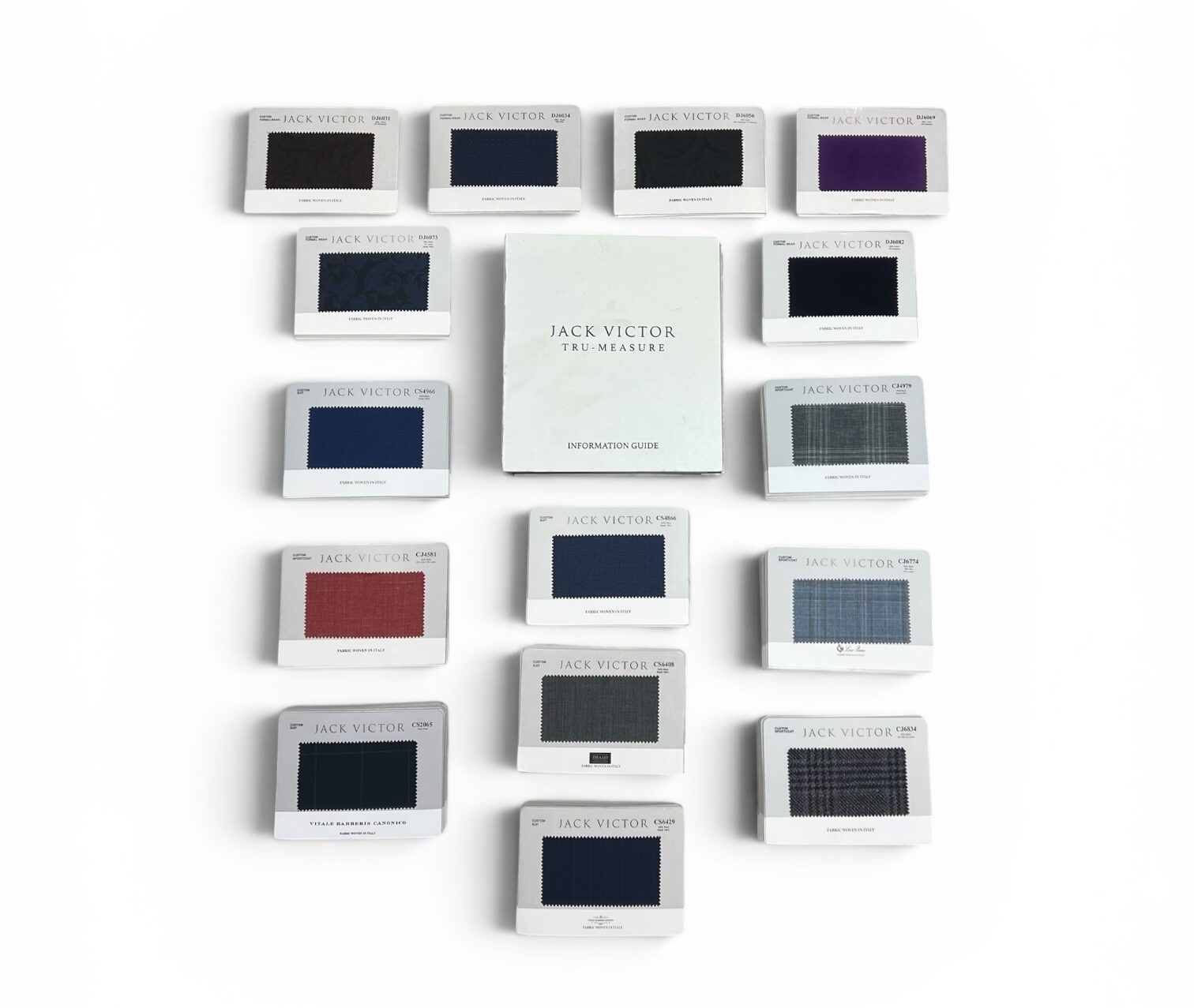 Fabric swatches and an information guide from Jack Victor's Tru-Measuring collection